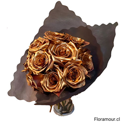 Un deslumbrante ramo de rosas doradas que irradia lujo y sofisticaci&oacute;n. Cada p&eacute;talo brilla con elegancia, creando un arreglo &uacute;nico y exclusivo para quienes buscan un detalle inolvidable. Perfecto para celebraciones especiales, momentos de distinci&oacute;n y regalos que dejan huella